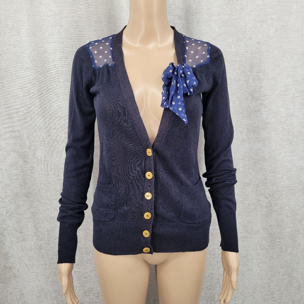 Sparrow Anthropologie Navy Blue Polka Dot Accent Cardigan Sweater Silk Linen